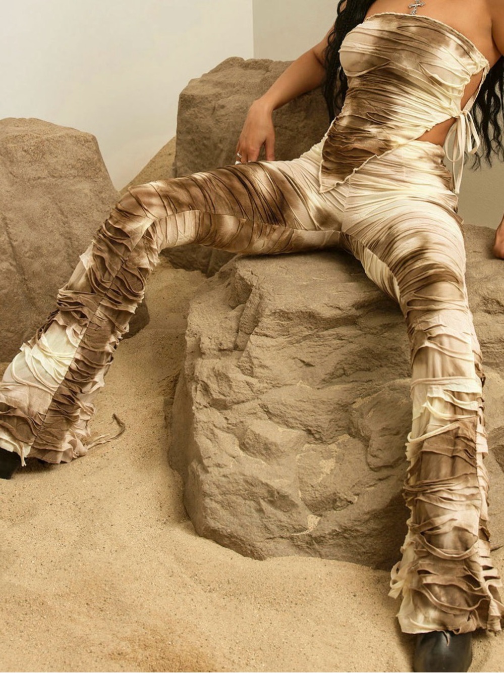 Women’s Ruffled Two-Piece Set - Beige - Picture 3 of 4